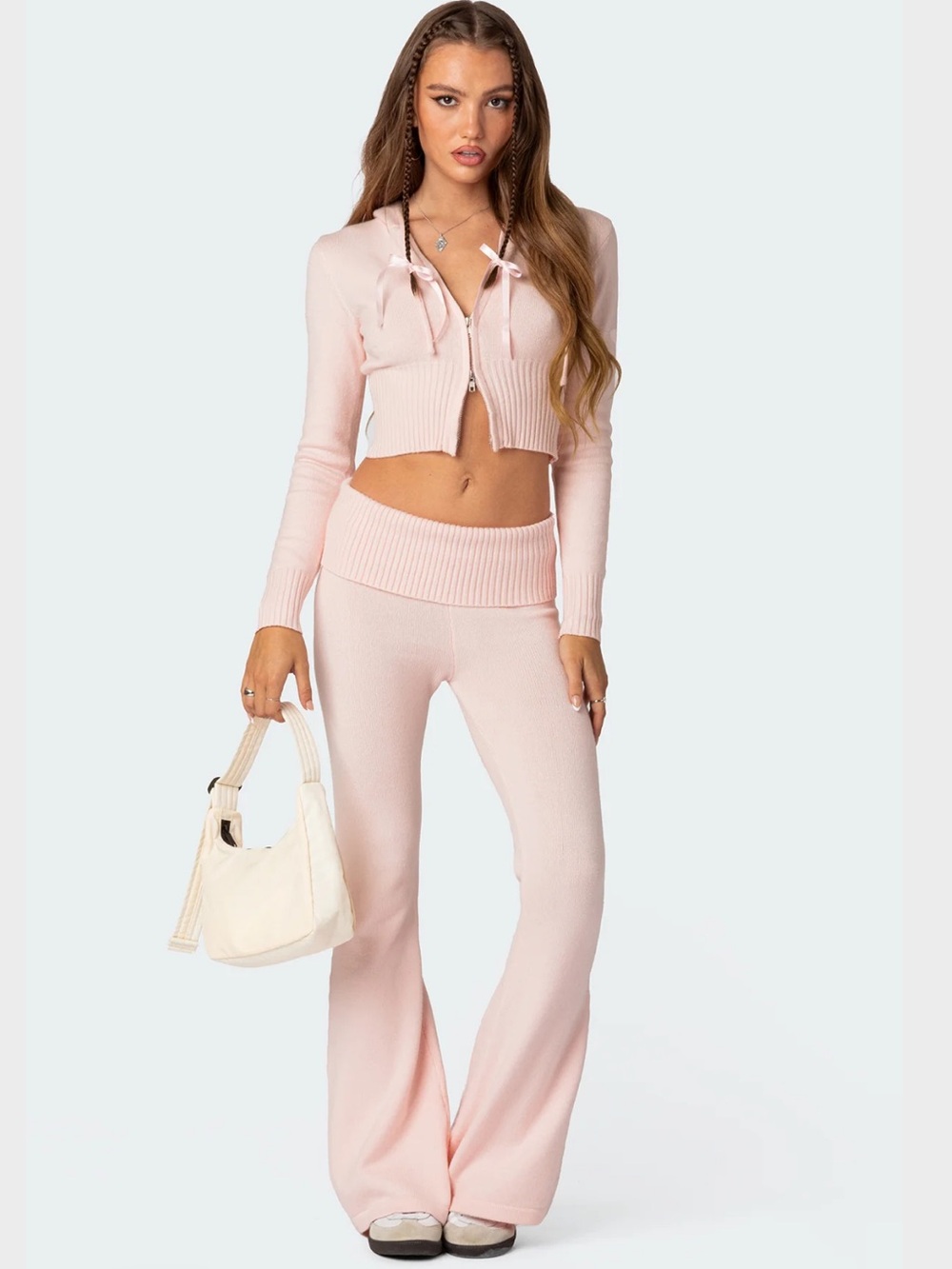 Edikted Desiree Pink Knit Lounge Set Small/XS Fold Over Flare Pants Coquette Y2K